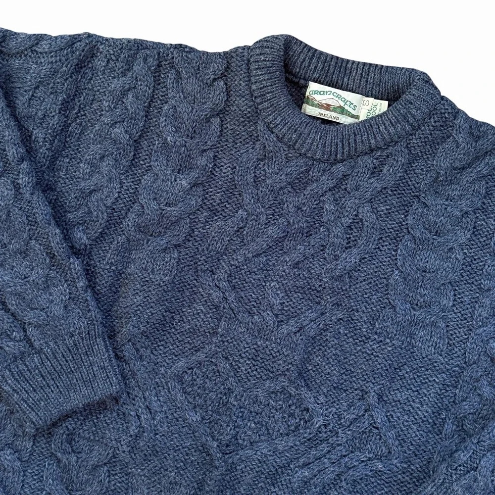 Vintage Aran Crafts Womens 100% Wool Sweater S Navy Cable Knit Ireland Fisherman